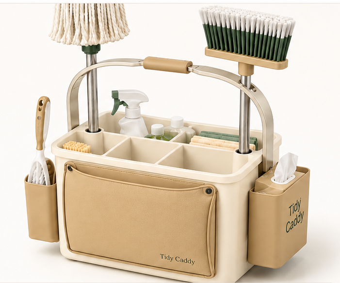 Tidy Caddy patent pending cream cleaning organizer with tan pockets and handle grip